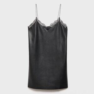 Mango MNG Black Faux Leather Lace Trim Slip Dress Mini V Neck Spaghetti Straps L